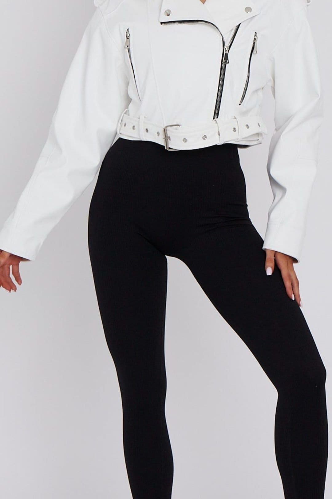 STYLEWISE STYLEWISE Women's Faux Leather Belted - Cropped Fit - Biker Jacket in White - 4