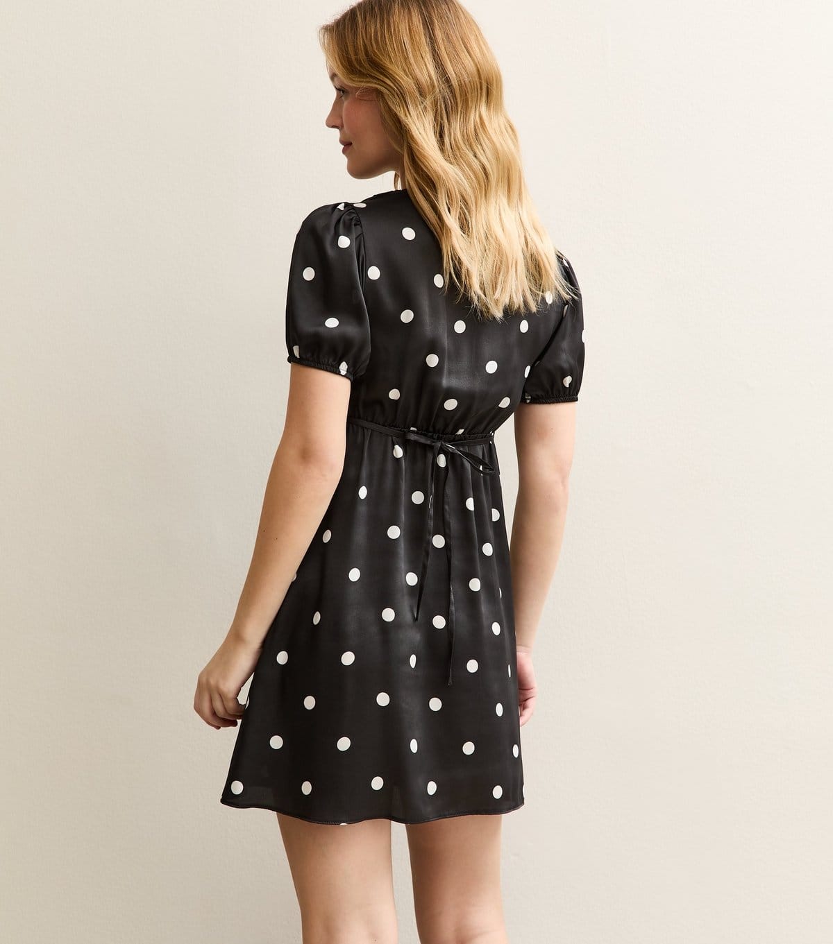 New Look Women's Black Polka Dot Lace Trim Satin Mini Dress New Look - 4