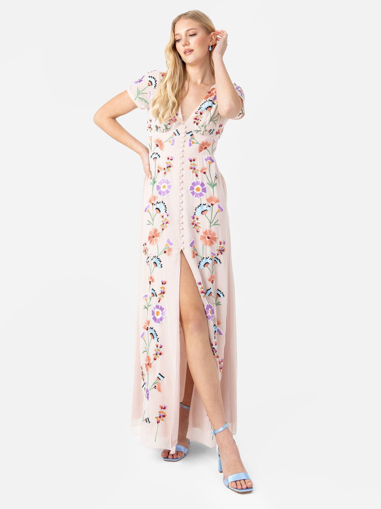 Maya Deluxe Maya Deluxe Women's Embroidery & Faux Button Front Maxi Dress in Nude