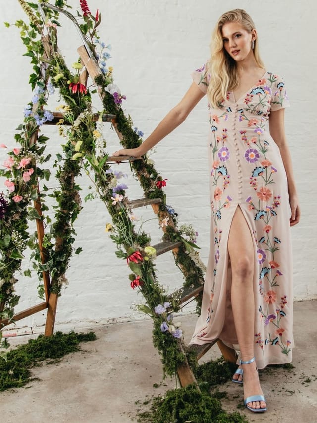 Maya Deluxe Maya Deluxe Women's Embroidery & Faux Button Front Maxi Dress in Nude - 3