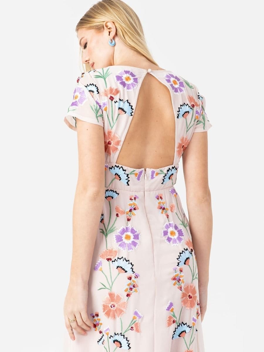 Maya Deluxe Maya Deluxe Women's Embroidery & Faux Button Front Maxi Dress in Nude - 4