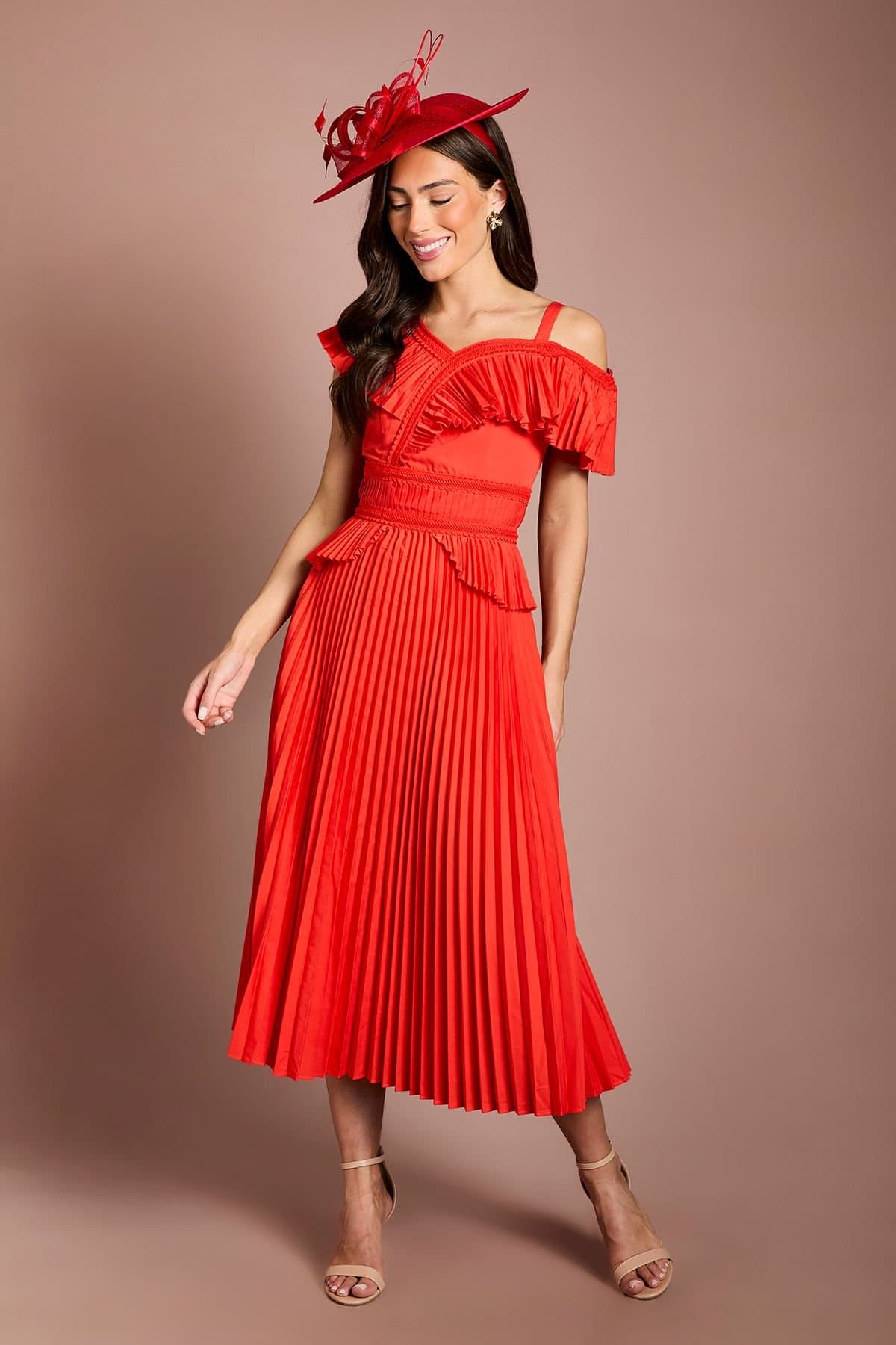 Coast Coast Women's Cotton Ruffle Pleated Midi Dress in Flame Red