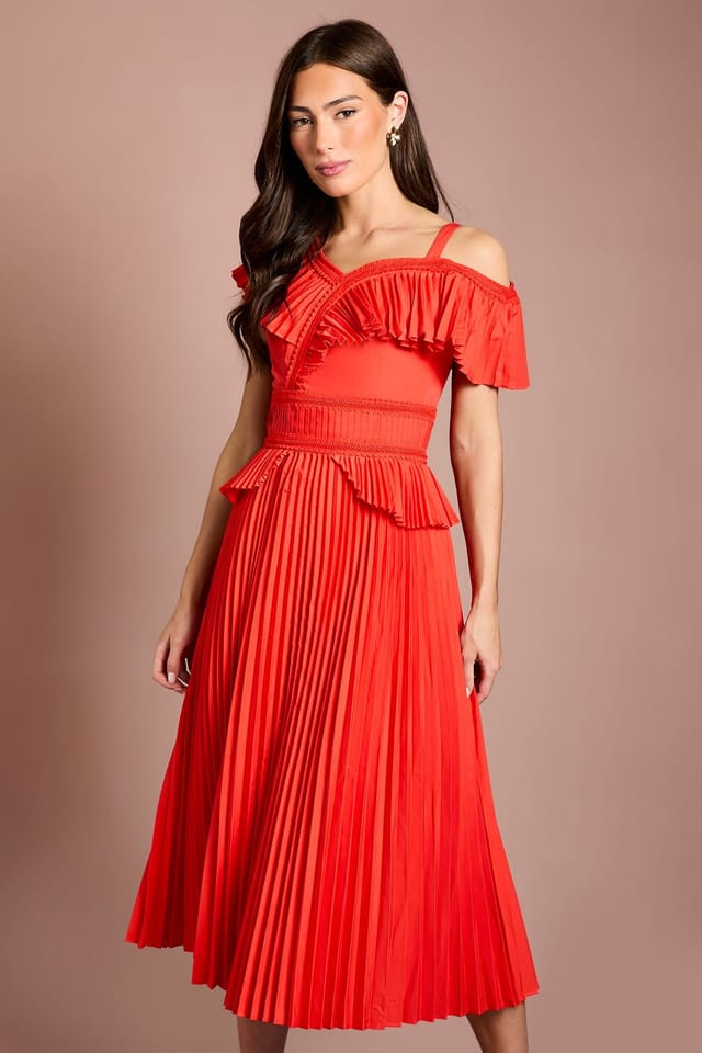 Coast Coast Women's Cotton Ruffle Pleated Midi Dress in Flame Red - 2