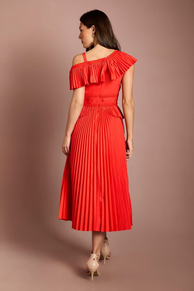 Coast Coast Women's Cotton Ruffle Pleated Midi Dress in Flame Red - 3