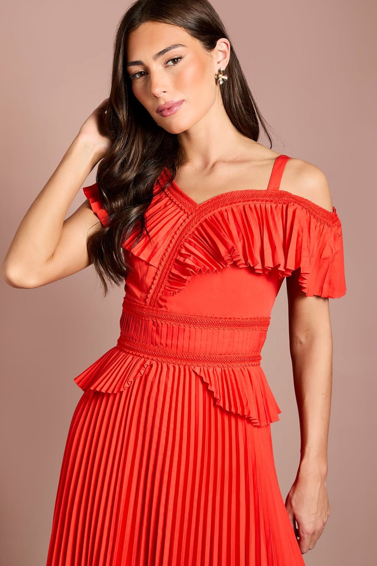 Coast Coast Women's Cotton Ruffle Pleated Midi Dress in Flame Red - 4