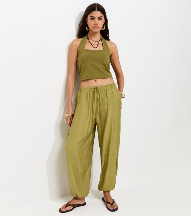 New Look Women's Light Khaki Wide Drawstring Waist Cuffed Trousers New Look - 2
