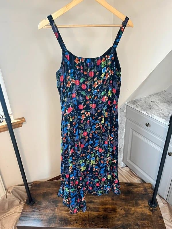 Per Una M&S Marks & Spencer Per Una Beaded Navy Floral Pleated Strappy Midi Dress Size 10