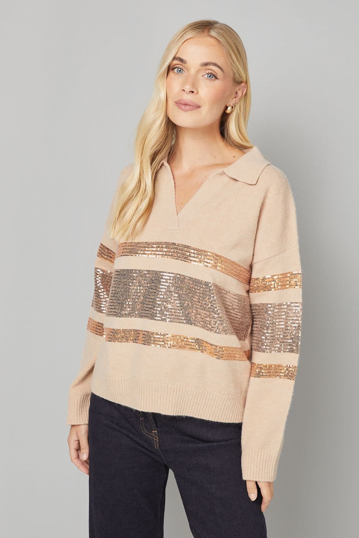 Wallis Wallis Women's Petite Oatmeal Sequin Placement Polo Jumper