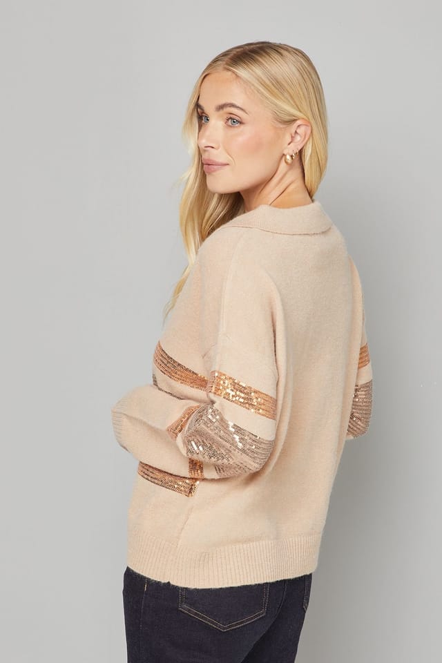 Wallis Wallis Women's Petite Oatmeal Sequin Placement Polo Jumper - 3