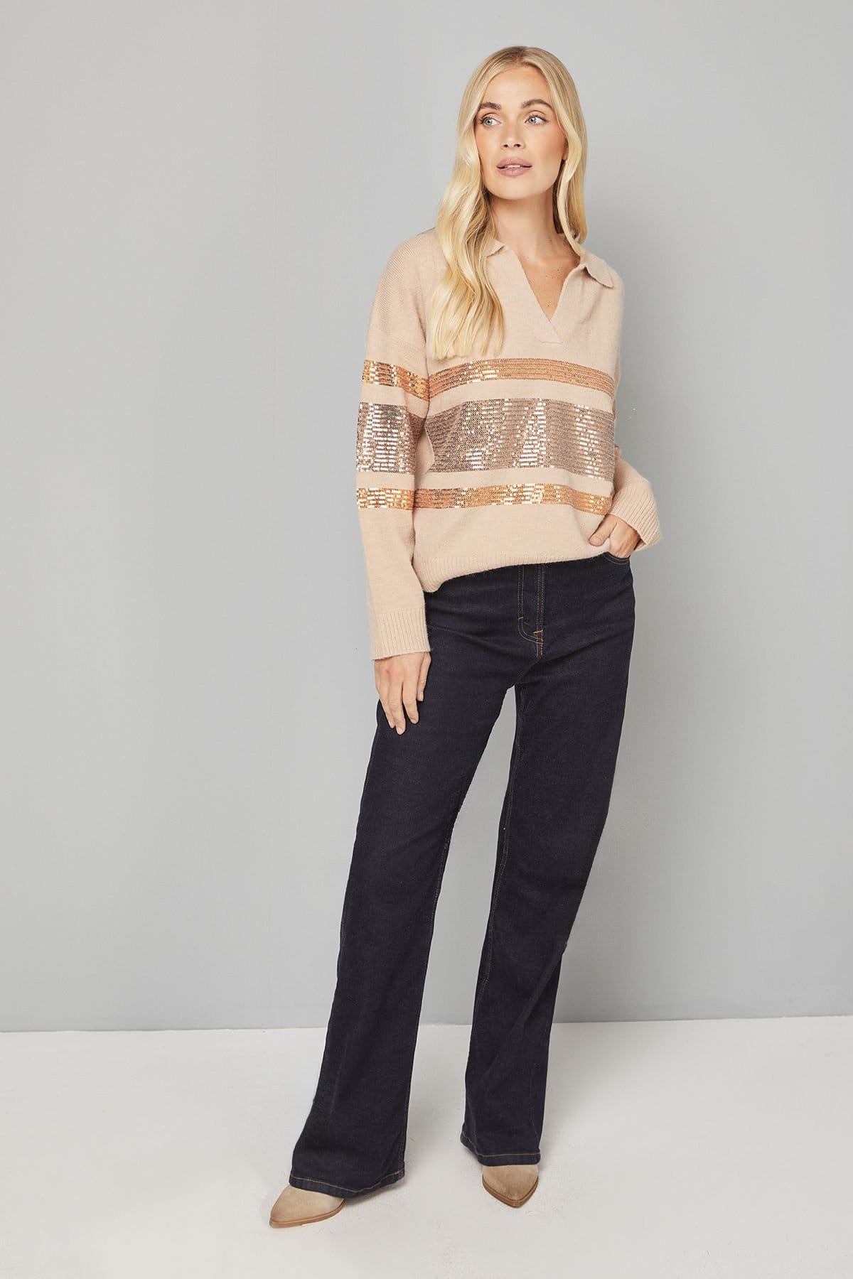 Wallis Wallis Women's Petite Oatmeal Sequin Placement Polo Jumper - 4