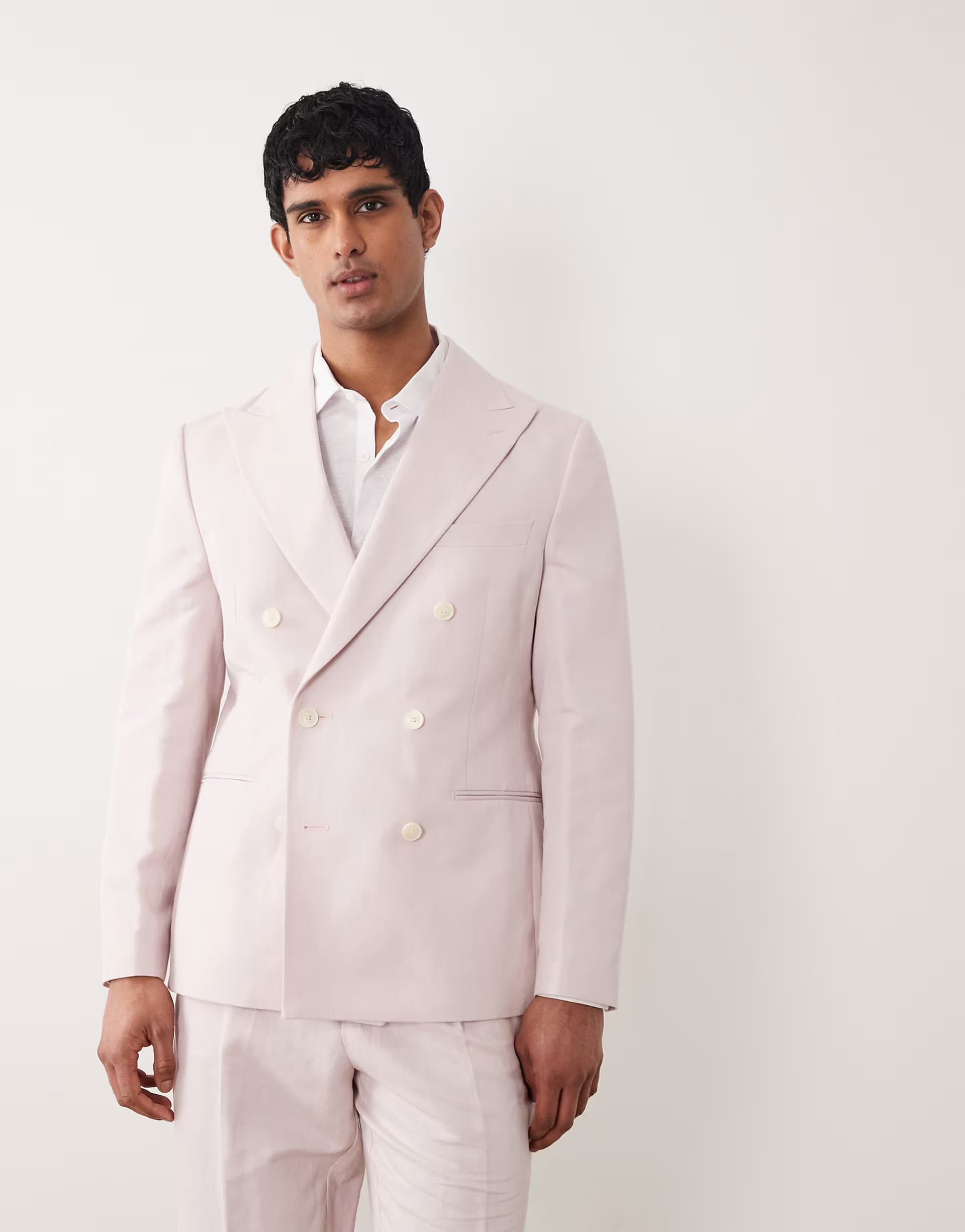 ASOS ASOS DESIGN slim linen rich double breasted suit jacket in pink