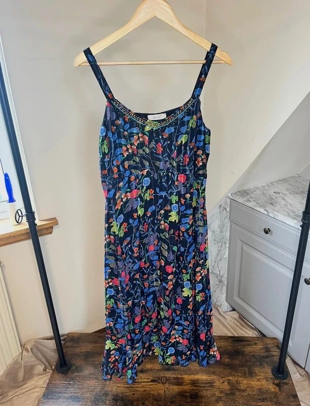 Marks & Spencer M&S Marks & Spencer Per Una Beaded Navy Floral Pleated Strappy Midi Dress Size 10 - 1