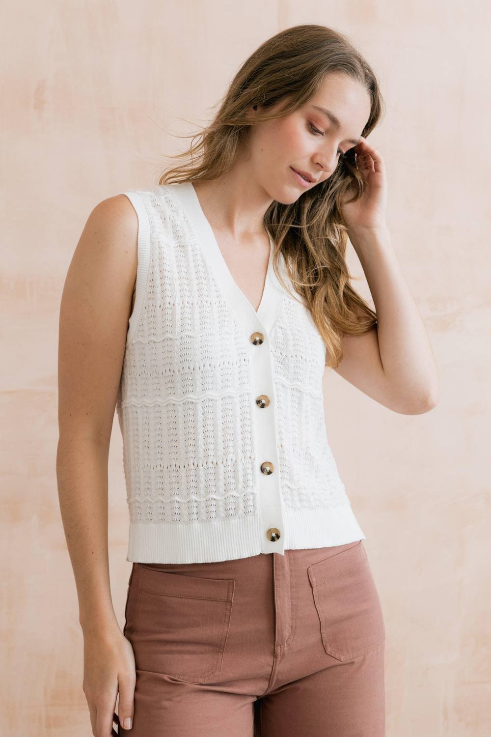 Lily & Me Lily & Me Women's Sophie Pointelle Knit Sleeveless Waistcoat in White - 4