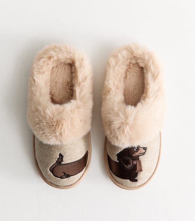 New Look Women's Camel Sausage Dog Embroidered Mule Slippers Vegan New Look - 2