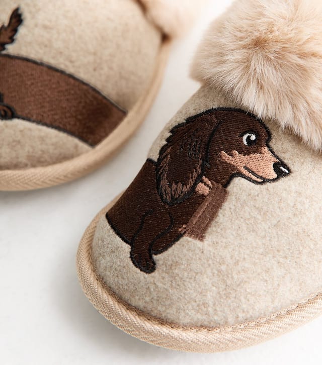 New Look Women's Camel Sausage Dog Embroidered Mule Slippers Vegan New Look - 3