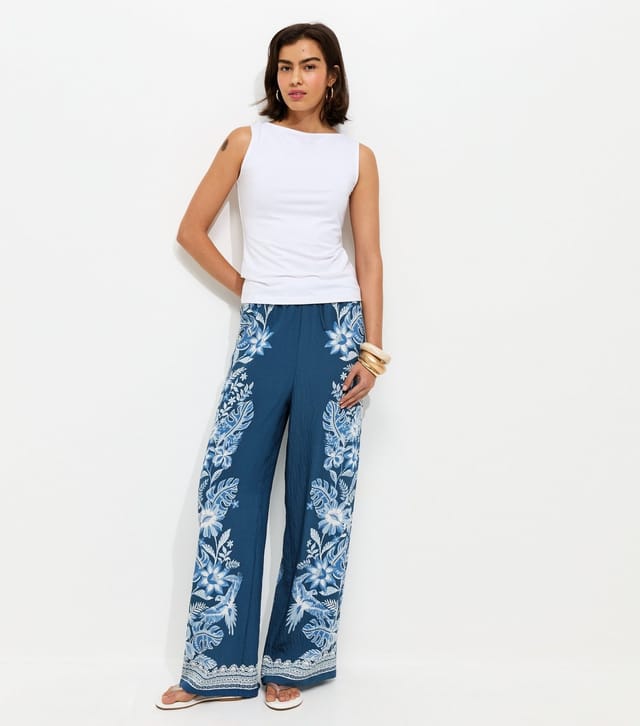 New Look Women's Blue Tropical Flower Print Crinkle Trousers New Look - 3