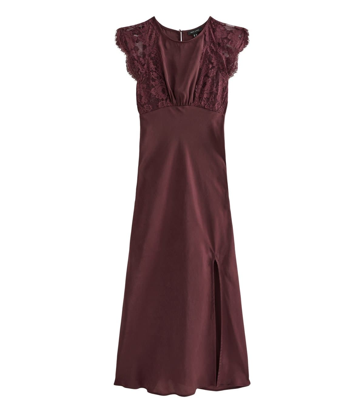New Look Women's Dark Burgundy Satin Lace Sleeve Split Midi Dress New Look