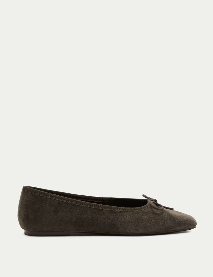 Marks & Spencer M&S Suede Bow Square Toe Ballet Pumps Dark Grey - 1
