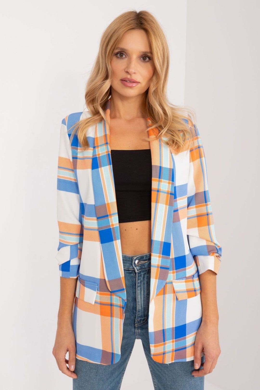 Love Lace Multicolor Check Print Lapel Blazer