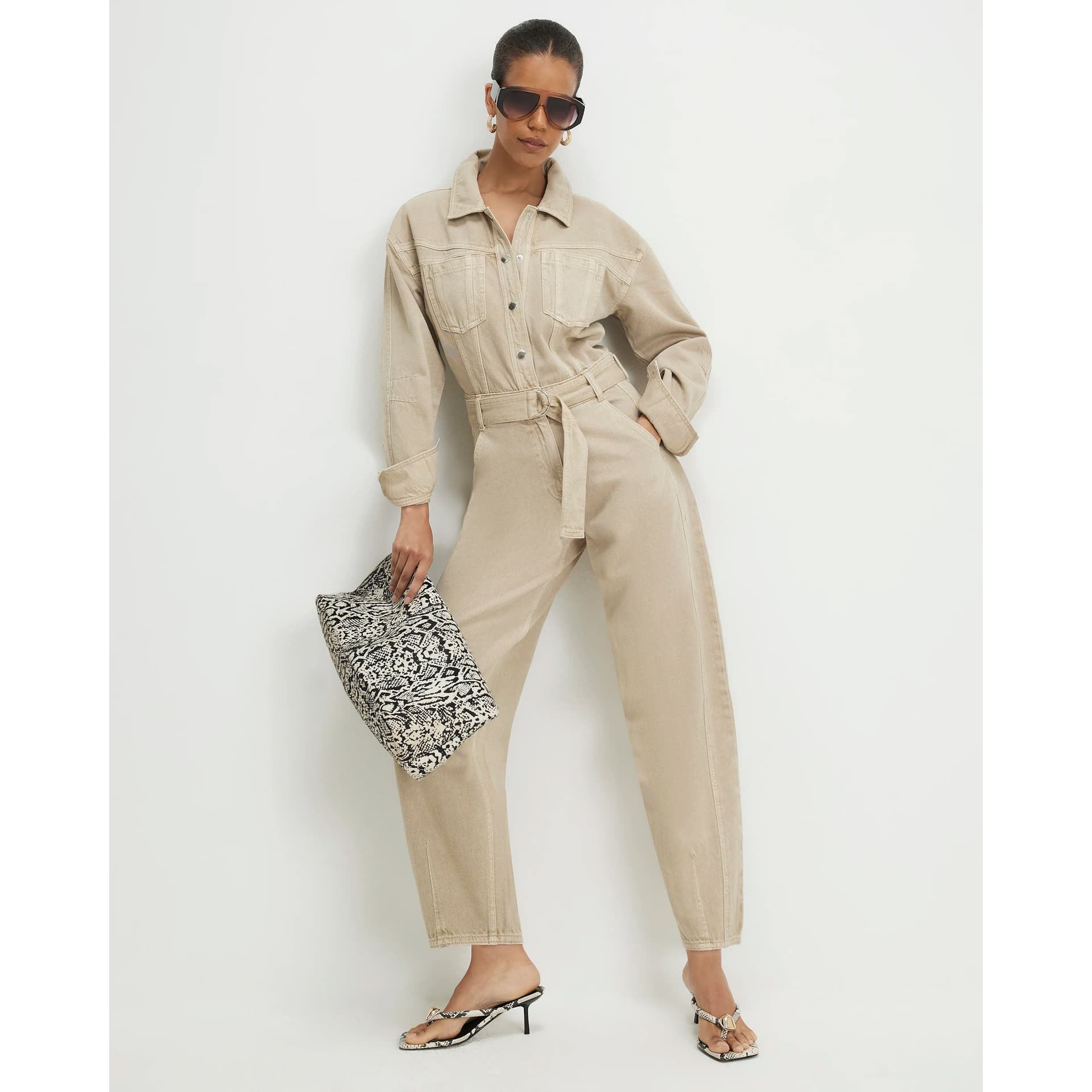 River Island River Island Womens Beige Denim Belted Barrel Leg Jumpsuit