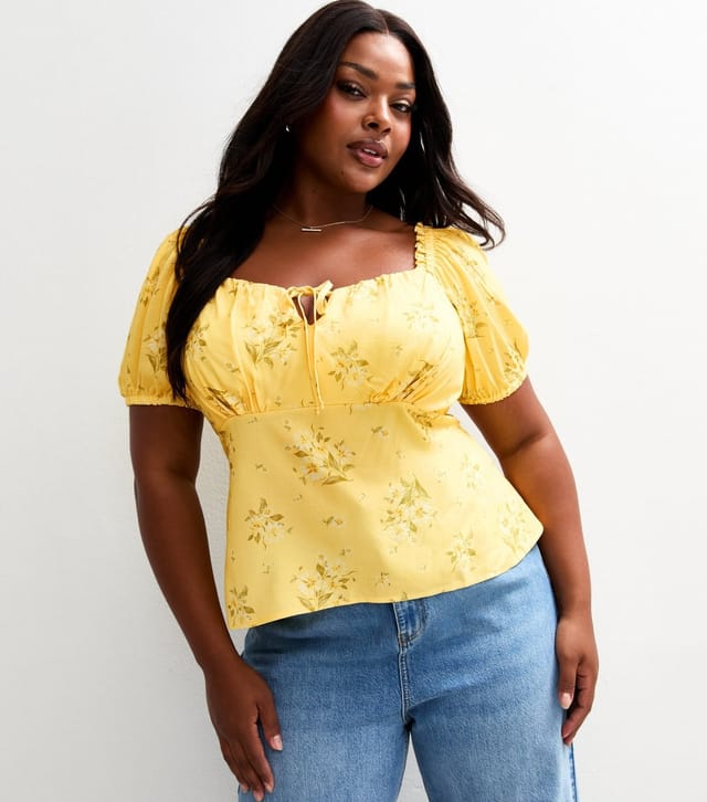New Look Women's Plus Size Yellow Floral Print Milkmaid Top Curves New Look - 3
