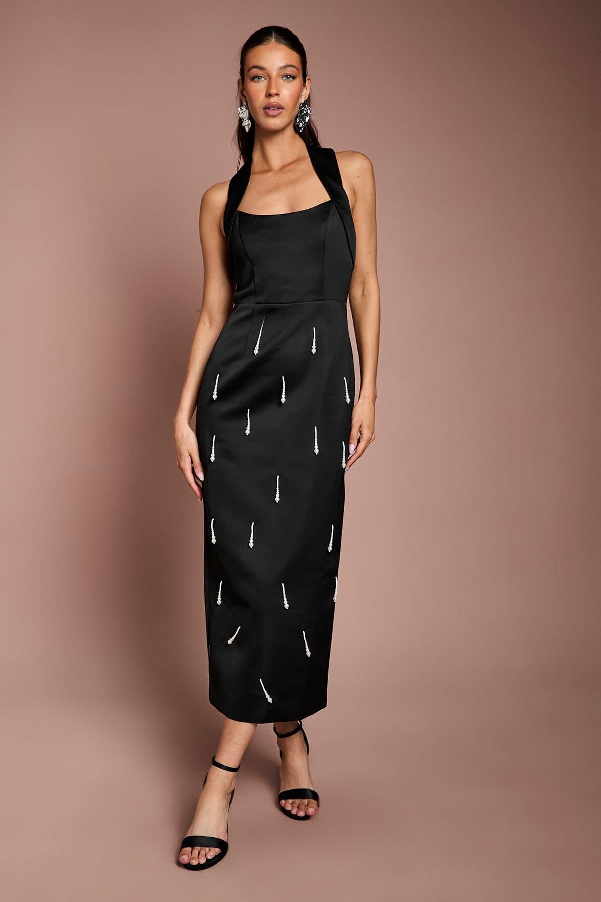Coast Coast Women's Halter Satin Midi Dress With Pearl in Black