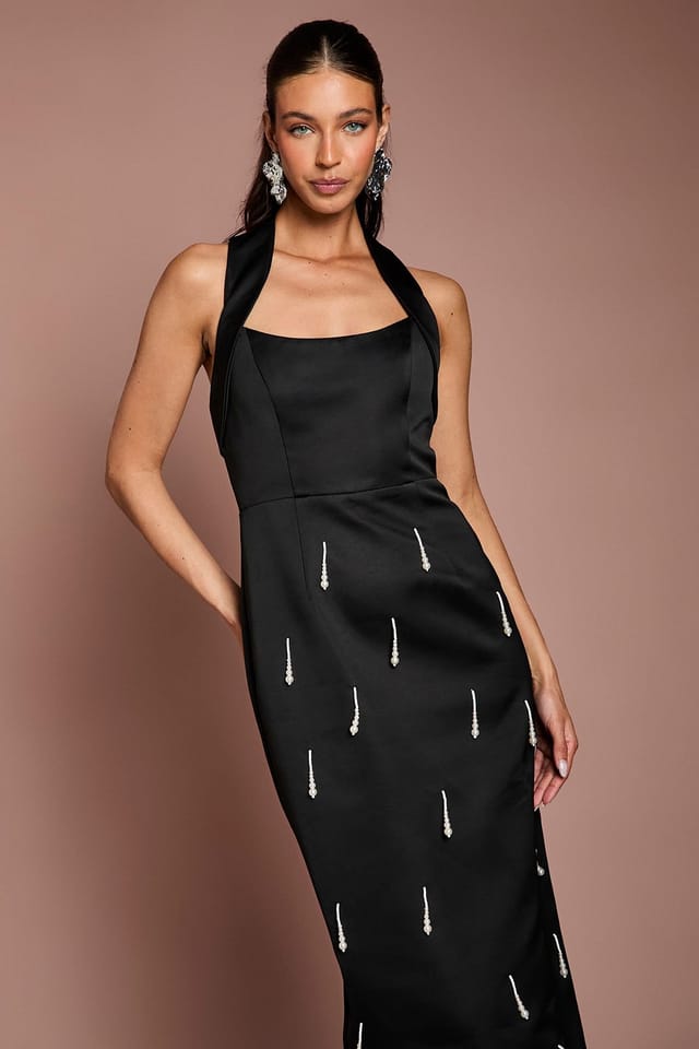 Coast Coast Women's Halter Satin Midi Dress With Pearl in Black - 2