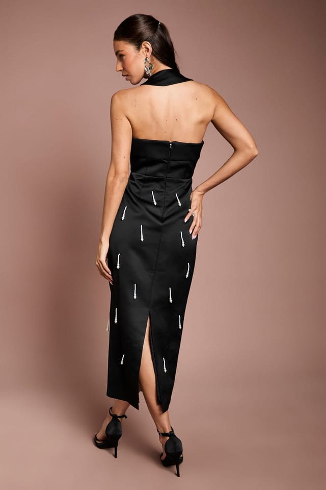 Coast Coast Women's Halter Satin Midi Dress With Pearl in Black - 3