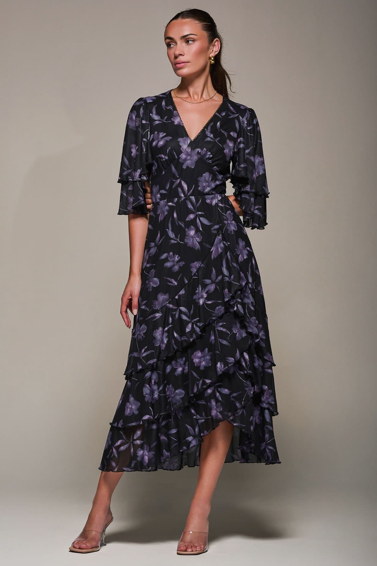 Jolie Moi Jolie Moi Women's Frill Trim Mesh Maxi Dress in Dark Navy