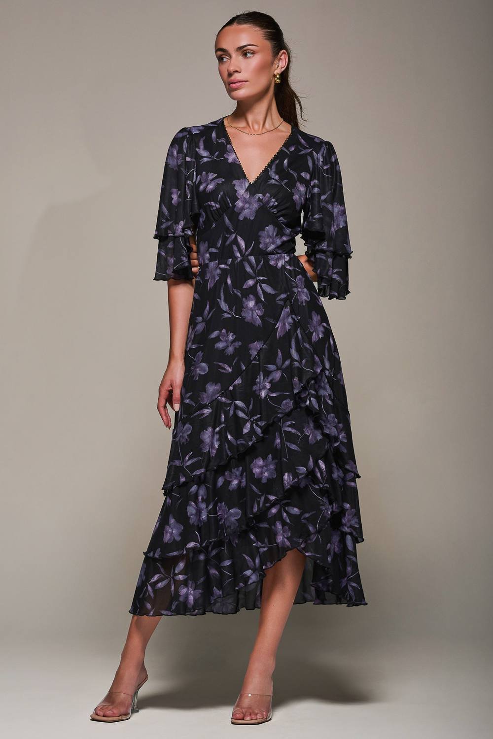 Jolie Moi Jolie Moi Women's Frill Trim Mesh Maxi Dress in Dark Navy - 4