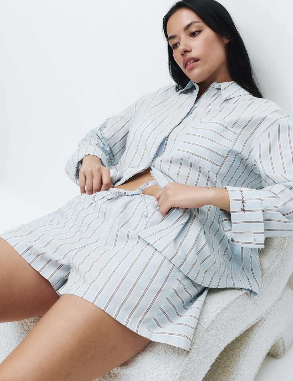 Marks & Spencer M&S Pure Cotton Cambric Striped Pyjama Shorts Blue Mix
