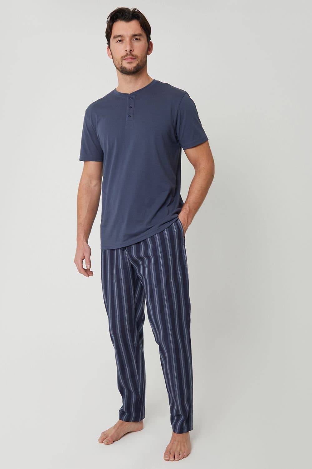 Threadbare Threadbare Men's Stripe Grandad Fit Pyjama Set in Blue