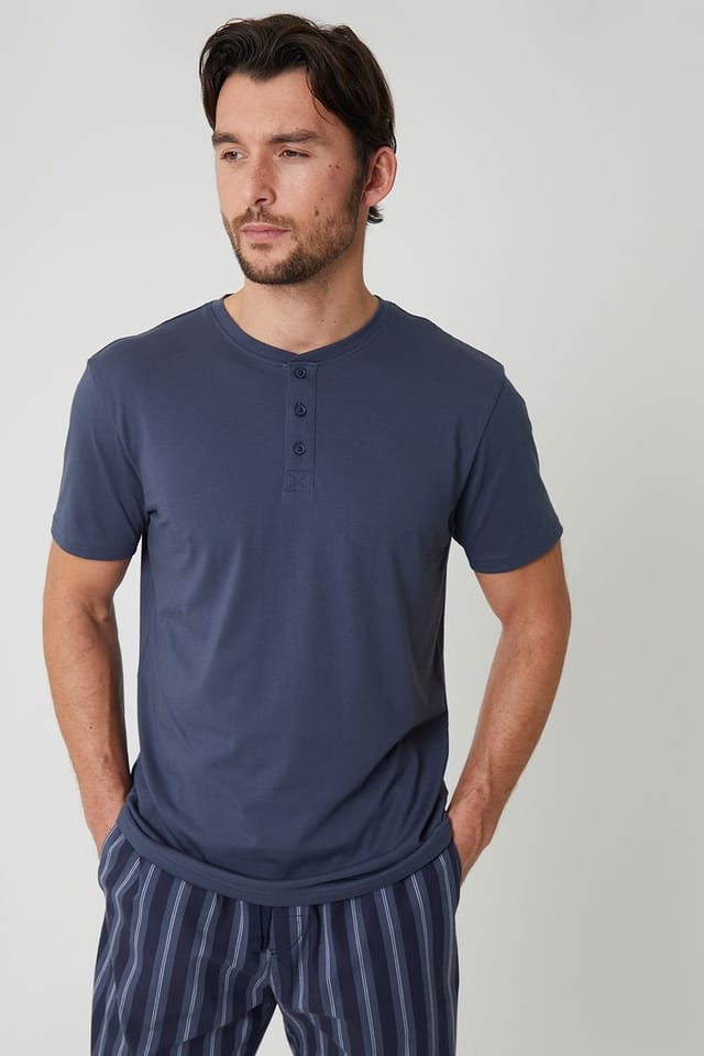 Threadbare Threadbare Men's Stripe Grandad Fit Pyjama Set in Blue - 3