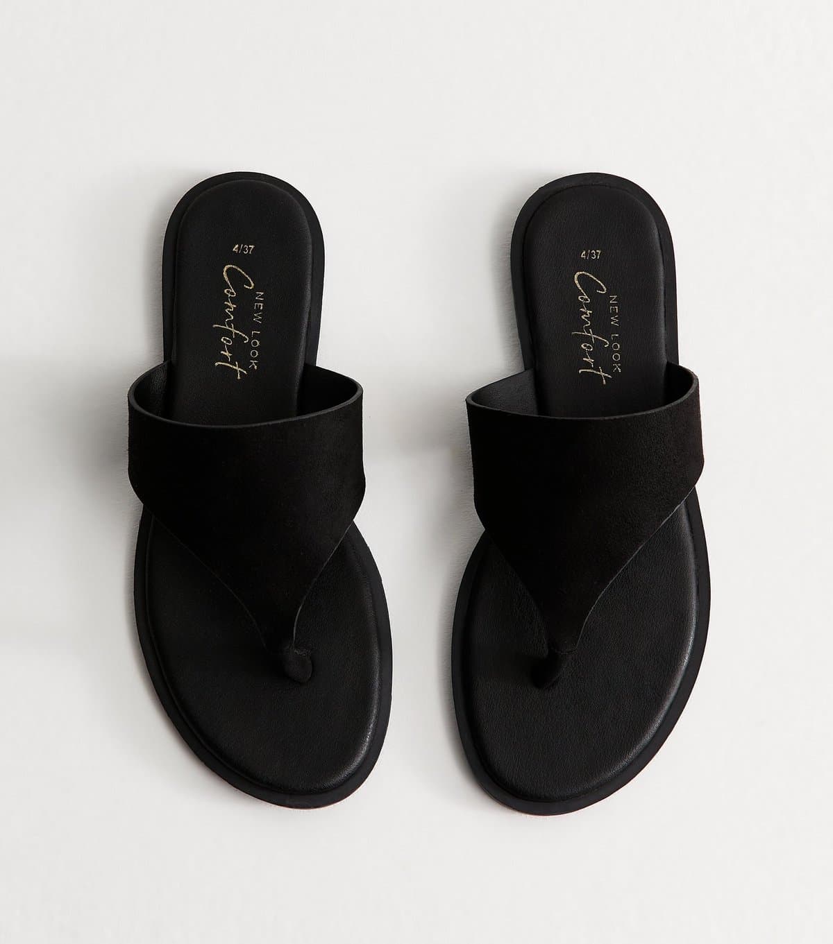 New Look Women's Black Faux Suede Wide Toe Strap Flat Sandals Vegan New Look