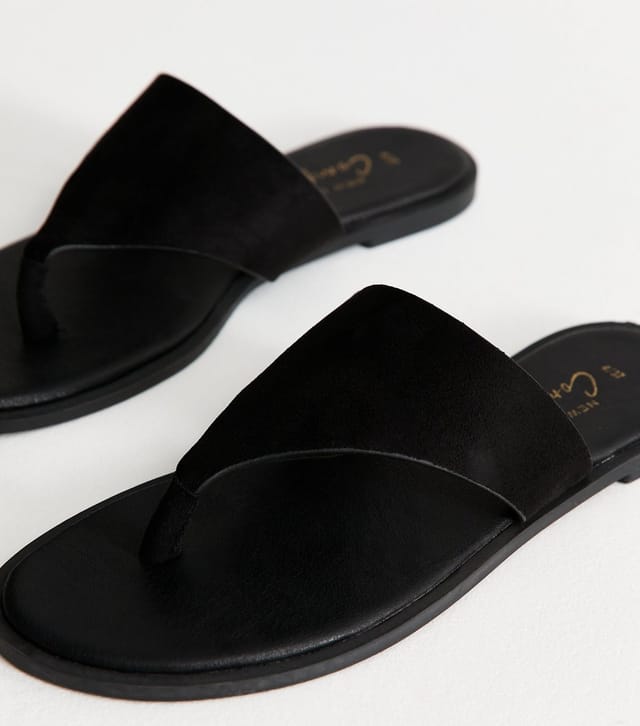 New Look Women's Black Faux Suede Wide Toe Strap Flat Sandals Vegan New Look - 3
