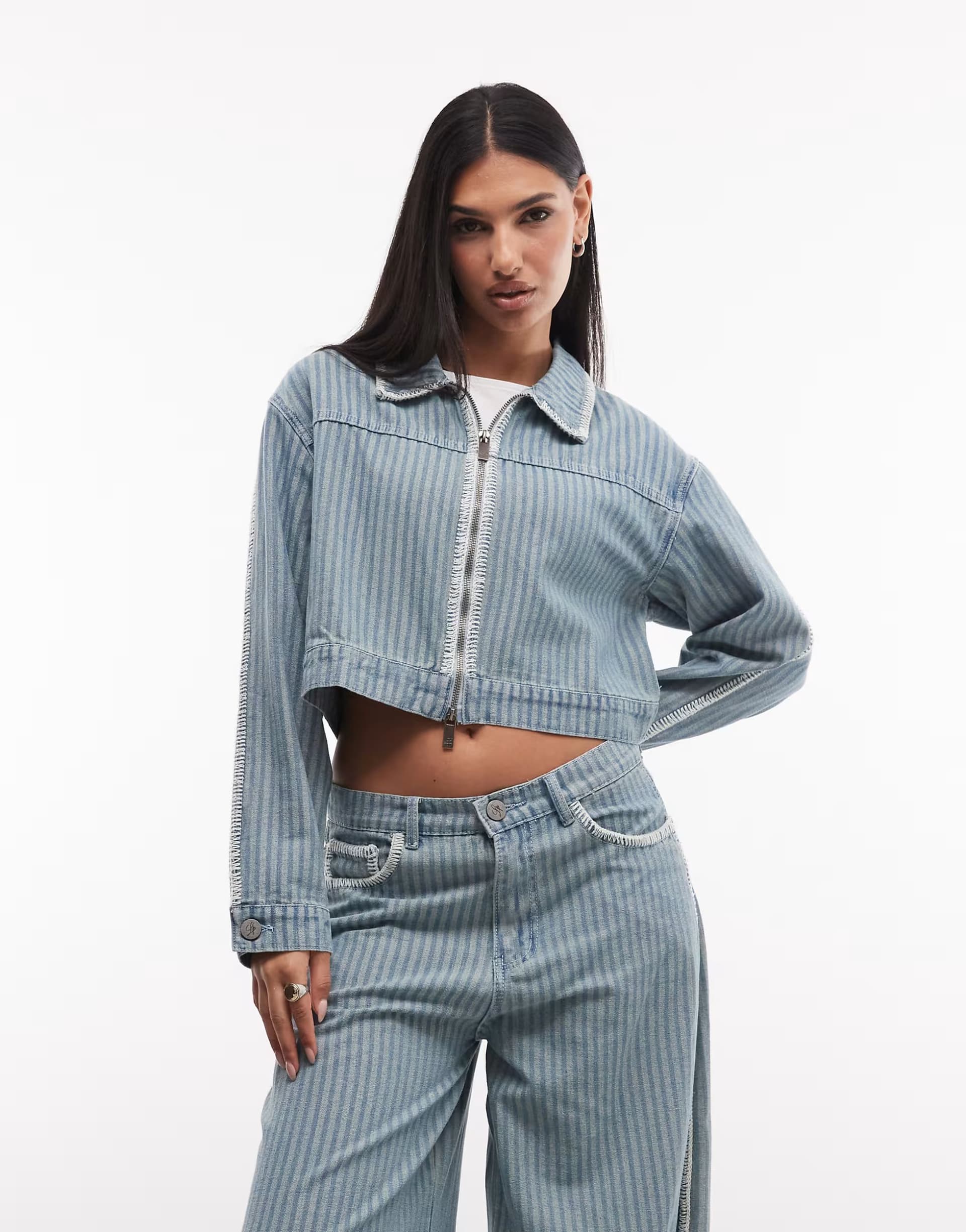 ASOS Liquor N Poker boxy pinstripe denim jacket co-ord with embroidery detail in blue