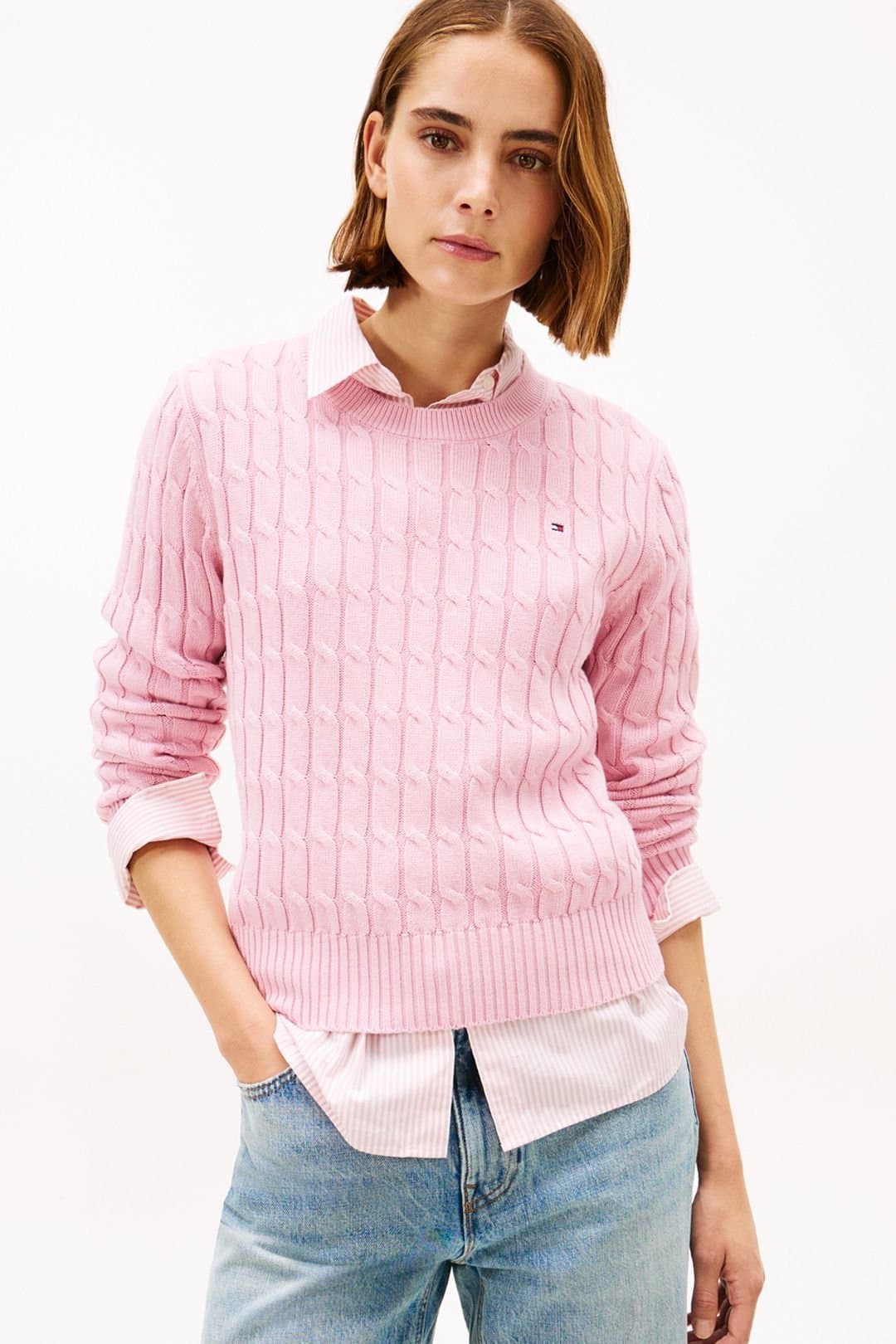 Tommy Hilfiger Tommy Hilfiger Women's Cable Knit Crew Pink