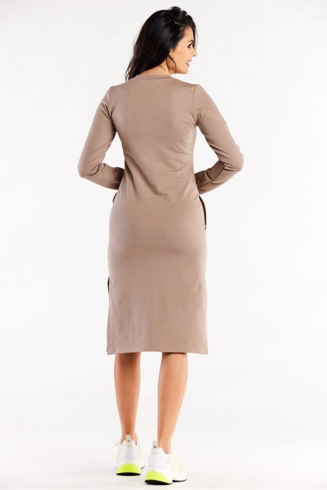 Love Lace Love Lace Women's Heart Neck Fitted Long Sleeve Slit Pockets Dress in Beige - 3