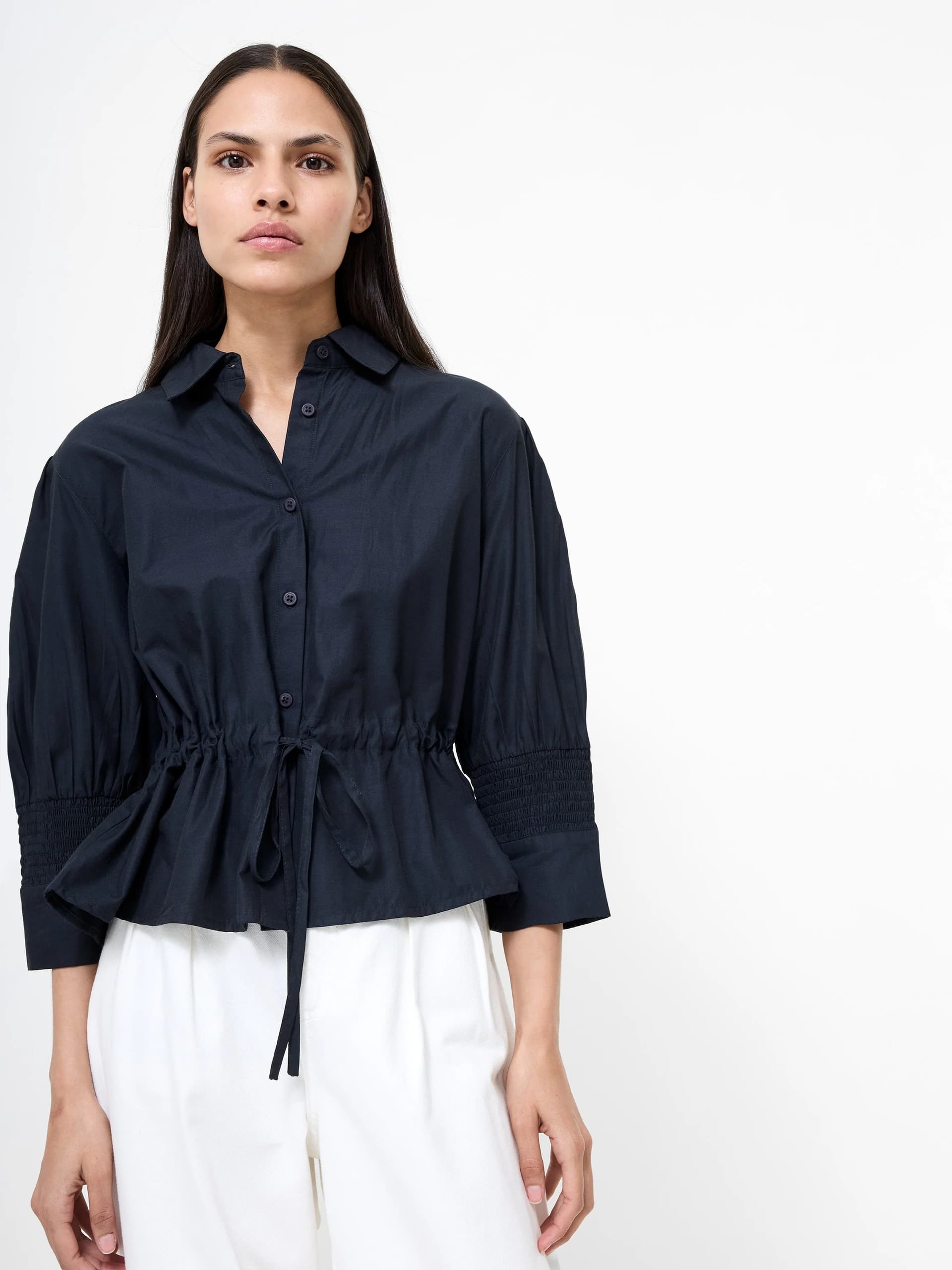 French Connection Era Poplin Collared Top Navy
