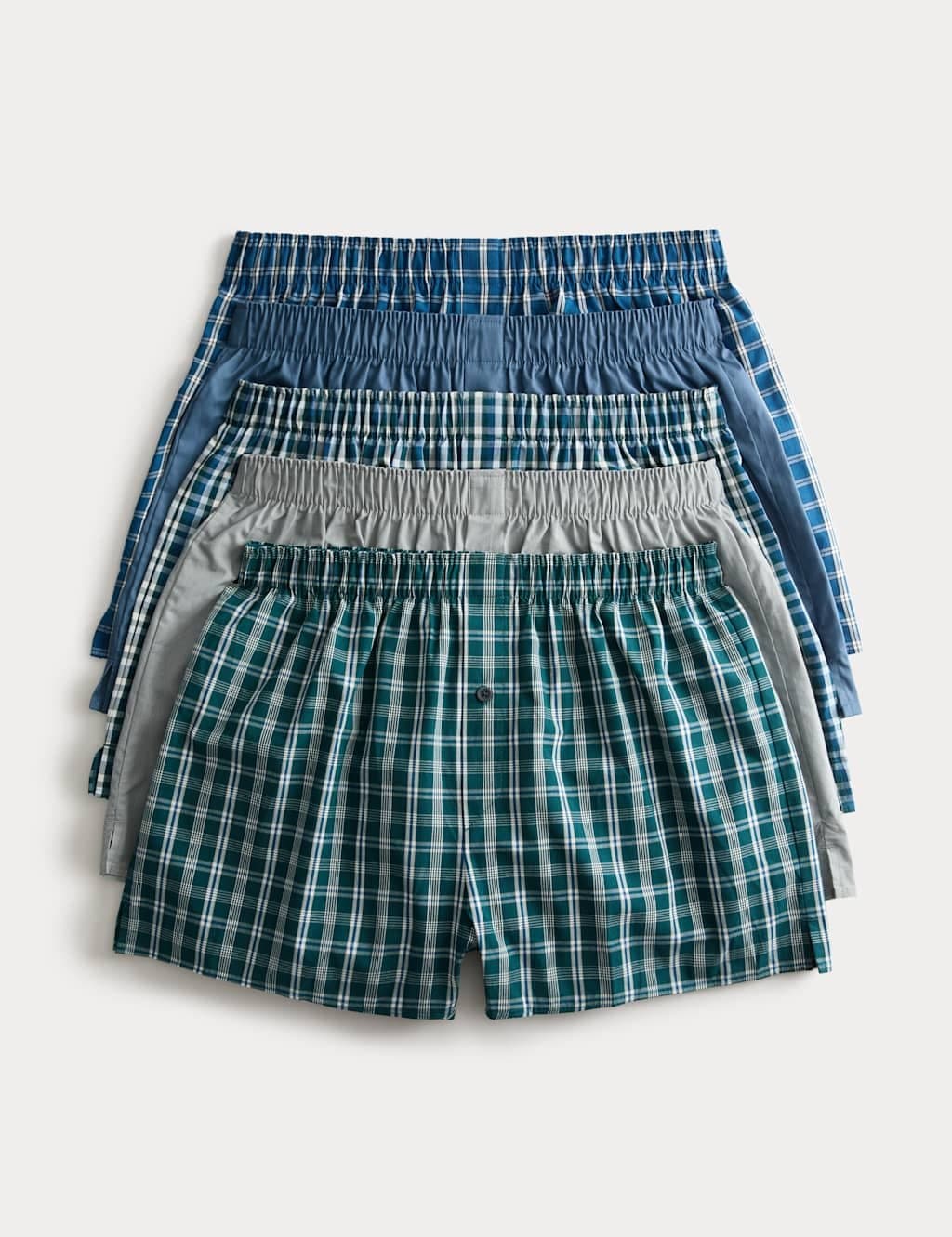 Marks & Spencer M&S 5 Pack Pure Cotton Checked Woven Boxers Green Mix