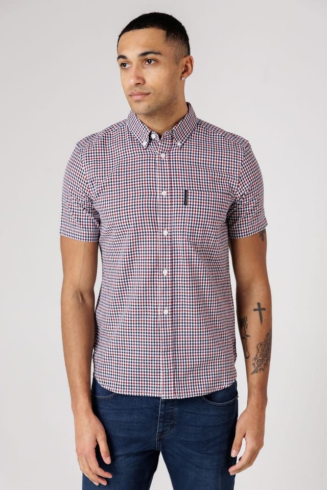 French Connection French Connection Men's Cotton Short Sleeve Gingham Chest Pocket Shirt in Red - 2