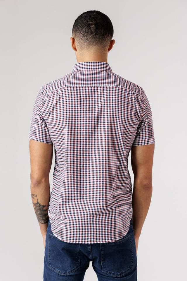 French Connection French Connection Men's Cotton Short Sleeve Gingham Chest Pocket Shirt in Red - 3