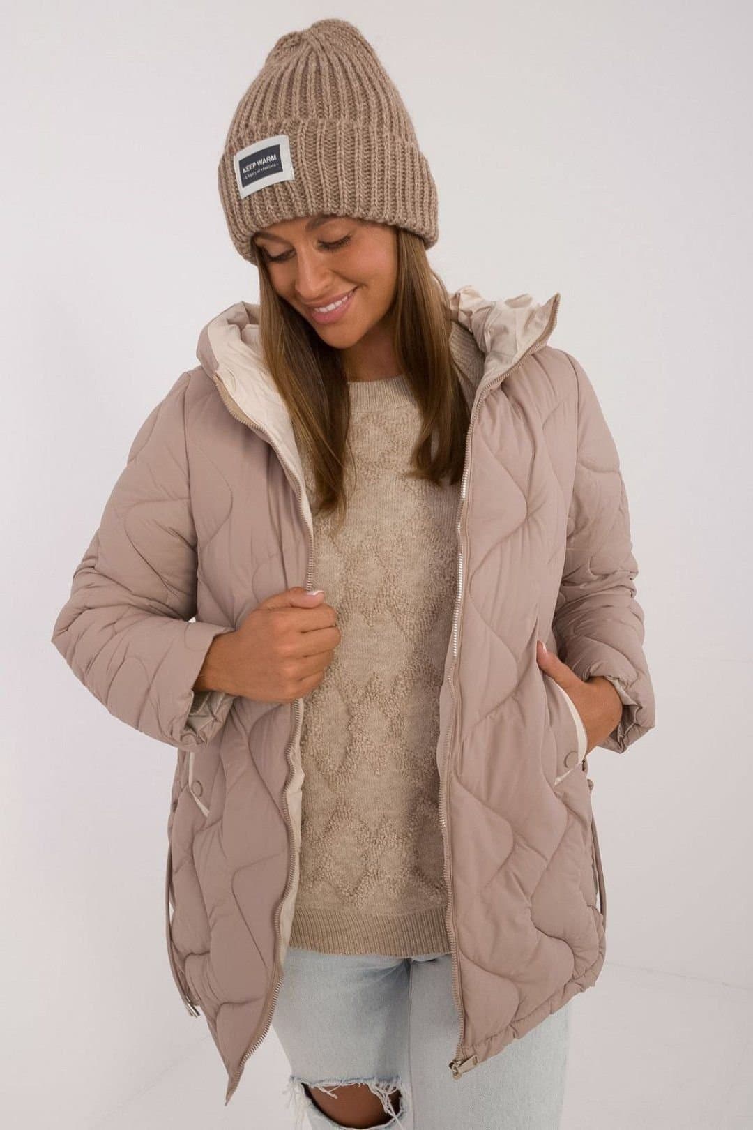 Love Lace Love Lace Women's Quilted Polyester Hooded Winter Jacket in Beige