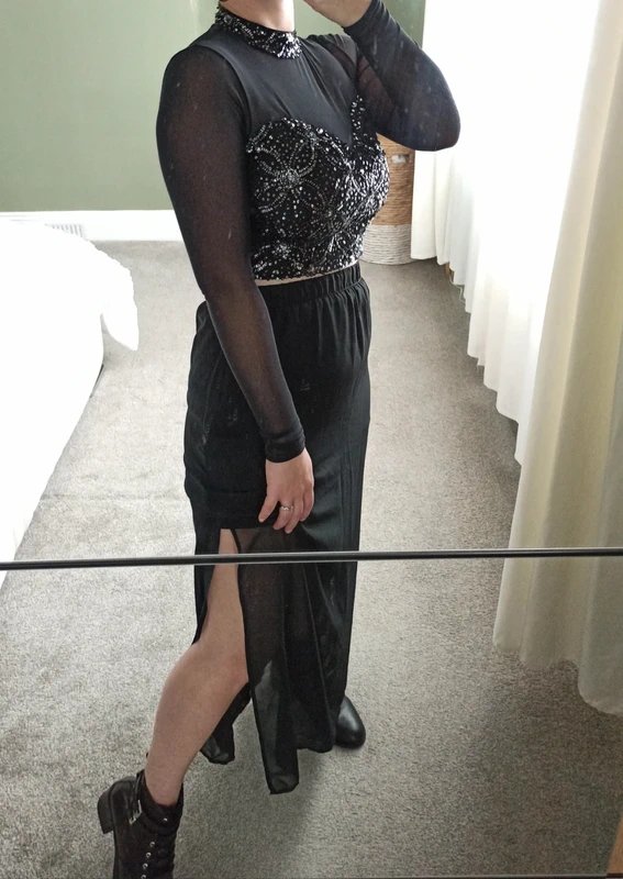 New Look Black sequin embellished crop party top long mesh sleeves - 1