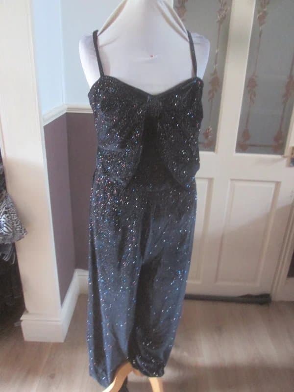 Next Next size 12 black sparkle Velvet bow front wide leg Occasion Jumpsuit Brand new with tags