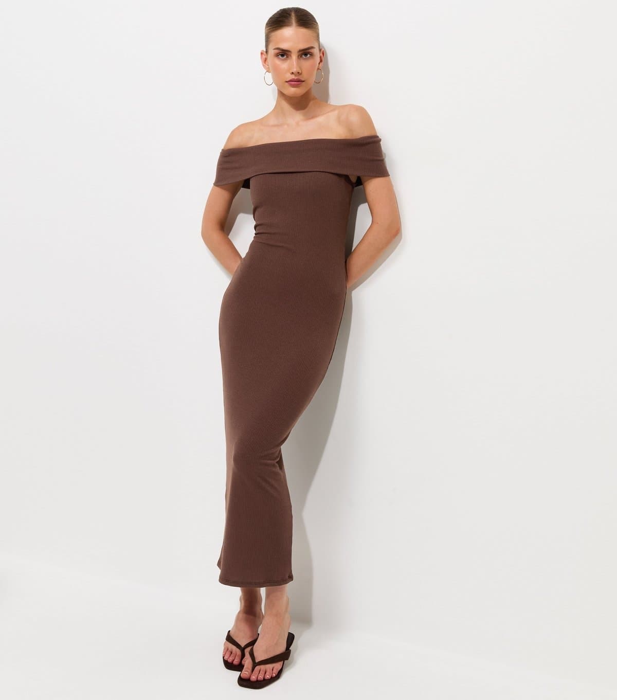 New Look Women's Dark Brown Off Shoulder Bardot Midi Dress New Look