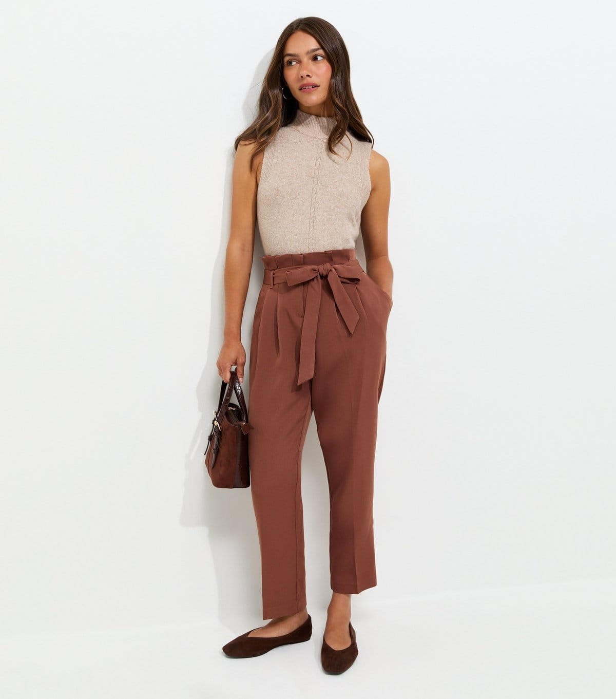 New Look Dark Brown Woven Paperbag Waist Petite Trousers