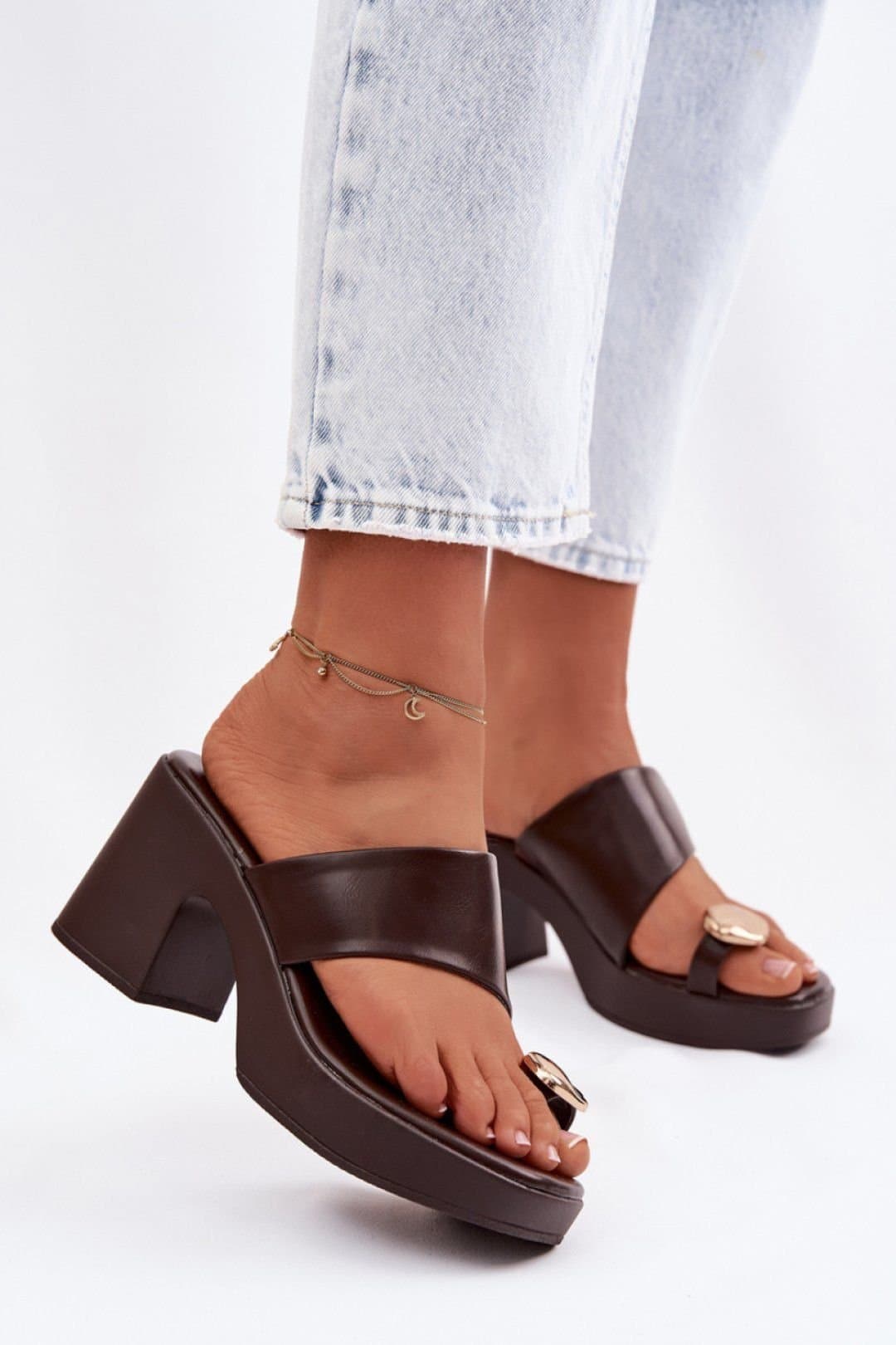 Love Lace Love Lace Women's Heeled Sandals with Golden Toe Detail & Column Heel Comfort in Brown