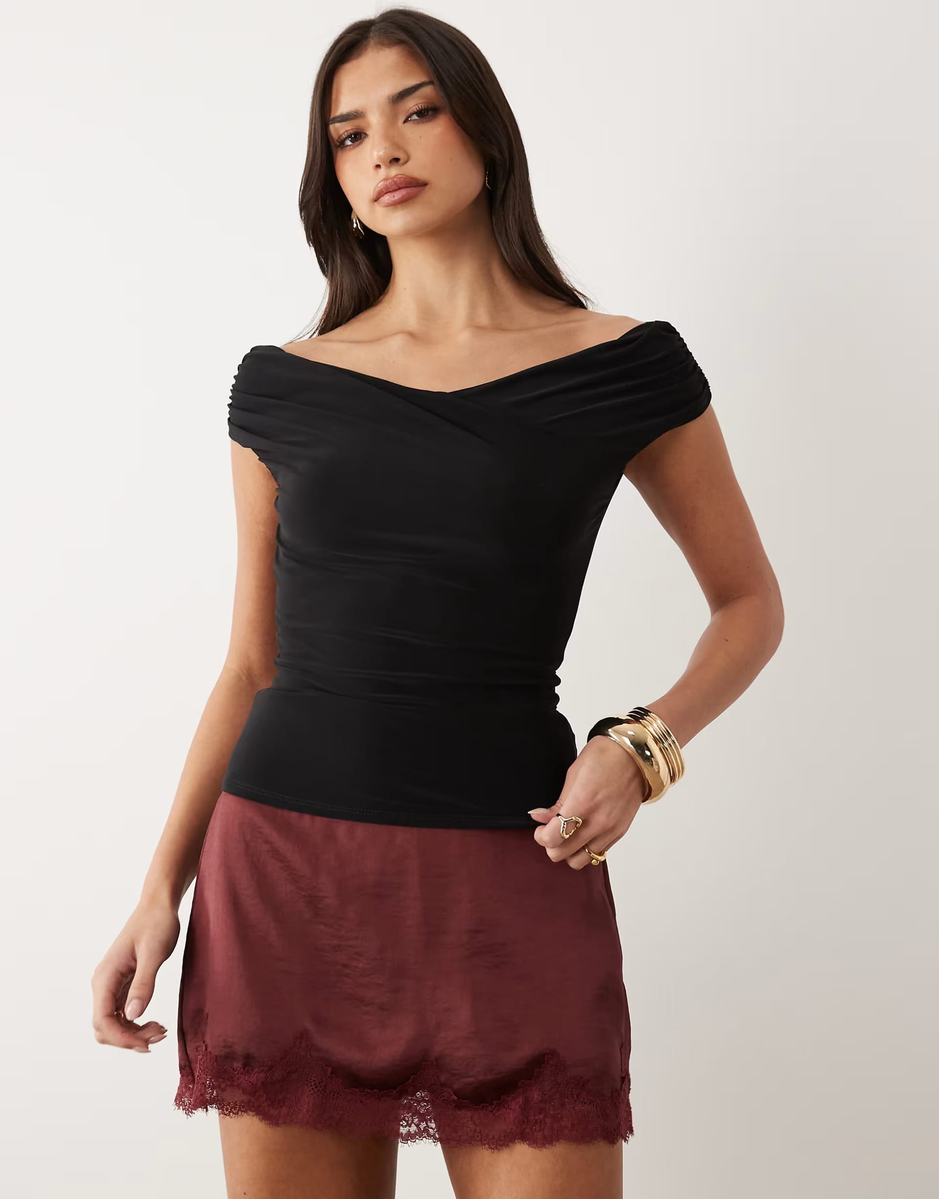 ASOS DESIGN Black Ruched Shoulder Off-Shoulder Top