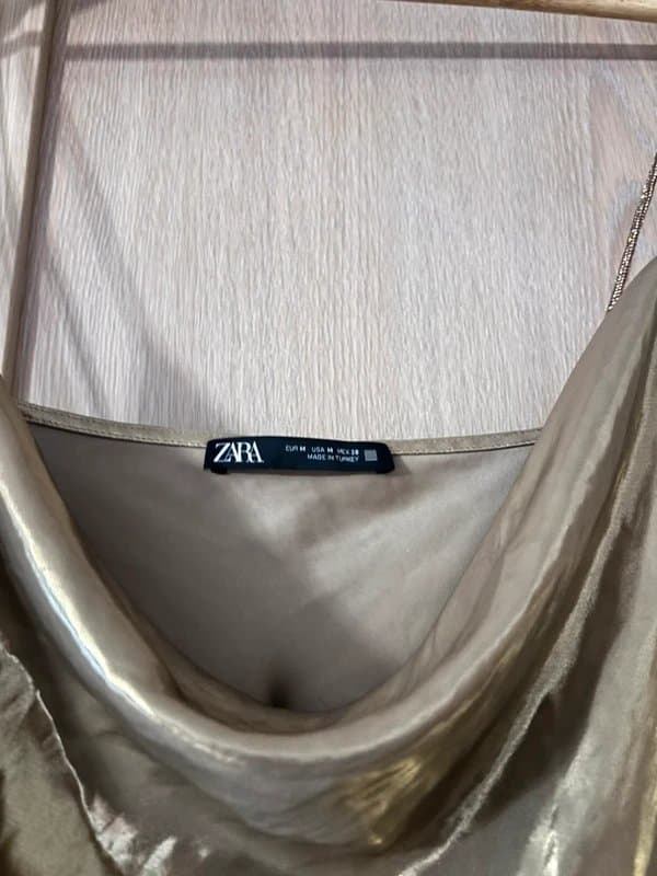 Zara metallic champagne gold lightweight foil effect medium  dress